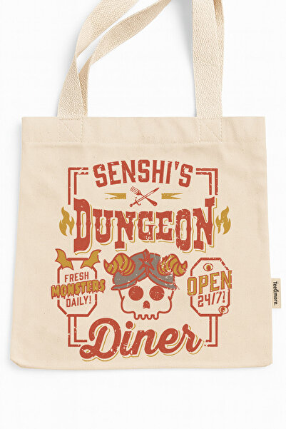 Tee&more. Dungeon Meshi Senshi's Diner Printed Canvas Tote Bag with Gusseted Gusset and Internal Pockets