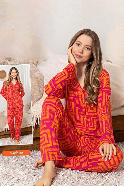 REMSA Women's Labyrinth Pattern Buttoned Saphire Pajama Set 0374 Fuchsia