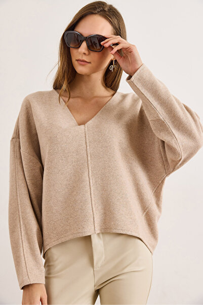 Olalook Women's Stone V-Neck Stitching Detail Flowy Thessaloniki Blouse Blz-19003166