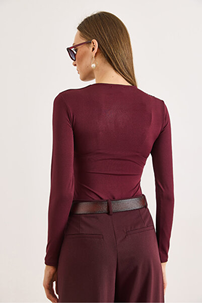 Olalook Γυναικείο κορμάκι από πολυαμίδιο με λεπτομέρεια από δαμάσκηνο με διπλό κουμπωτό κορμάκι BDY-00000066