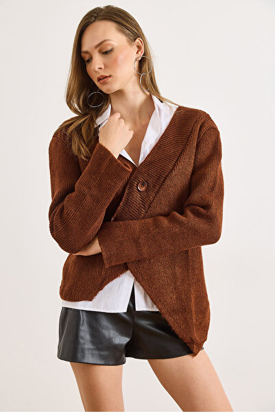 Olalook Women's Bitter Brown V-Neck Skirt Asymmetrical Knitwear Cardigan Hrk-19000439