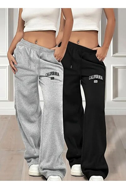 Le Vion 2 li Siyah Gri California Baskılı Büyük Beden Baggy Iki Iplik Oversiz...