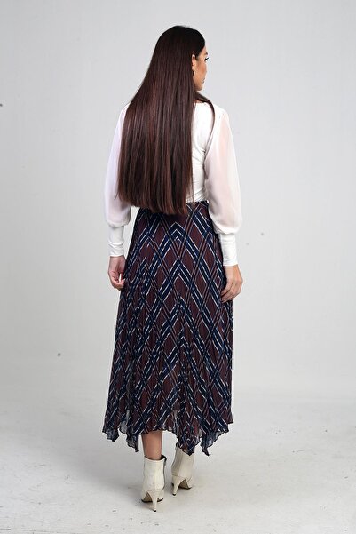 By Saygı Women's Elastic Waist Lined Plaid Crinkle Triangle Midi Skirt