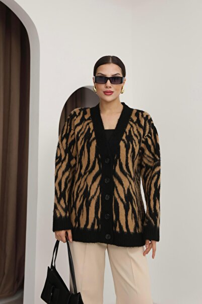 Marka Giyim Brown Zebra Pattern Buttoned Furry Long Knit Cardigan-Igni̇tes-00008