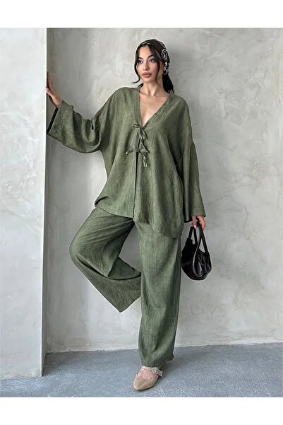 İKLİM LİFE Διπλό σετ παντελόνι κιμονό με δέσιμο μπροστά