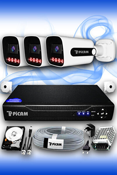 Picam 3 Kameralı Süper 3 Dış Kamera Set 250 GB 5 MP 2K Net Gece Görüşlü Güven...