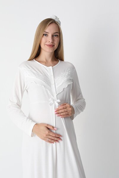 BLACKMORE Ecru Special Fancy Lace Design Cotton Maternity Nightgown-Dressing Gown Set of 2