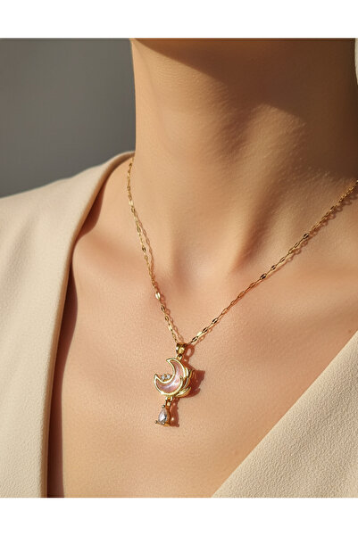PİRLENTO قلادة نسائية من الفولاذ مع حجر وردي وشكل هلال ونجمة ذهبية