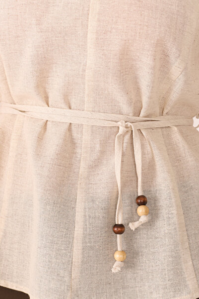 armonika Women's Cream Crew Neck Fitted Waist Tie Sleeveless Linen Look Blouse Arm-25Y001081