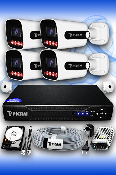 Picam 4 Kameralı Süper 4 Dış Kamera Set 250 GB 5 MP 2K Net Gece Görüşlü Güven...
