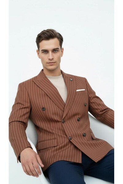 Plus Scorpion Brown Striped Men's Double-Breasted Blazer Jacket – Italian Cut, Modern Elegance
