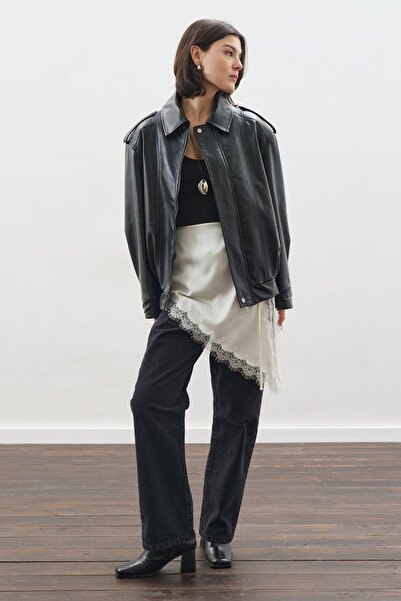 Manuka Retro Style Oversized Leather Jacket Black