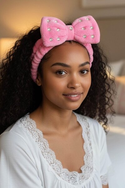 TAKIŞTIR Fuchsia Color Ribbon Figured Plush Hair Band with Stone Detail