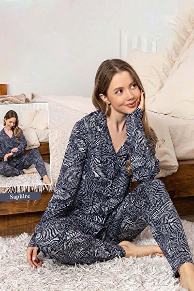 REMSA Women's Leaf Pattern Buttoned Saphire Pajama Set 0332 Navy Blue