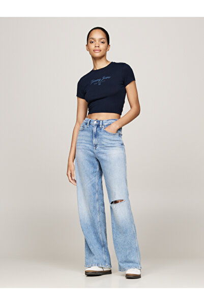 Tommy Hilfiger Women Dark Night Navy Logo Slim Crop Crew Neck T-Shirt