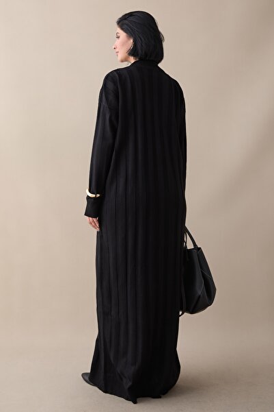 InStyle Corded Fabric Straight Sleeve Long Black Knitwear Dress
