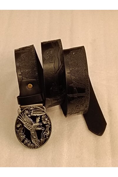 Butik Tülin حزام للجنسين من الجلد الصناعي الأصلي باللون الأسود مطبوع مزين بنق...