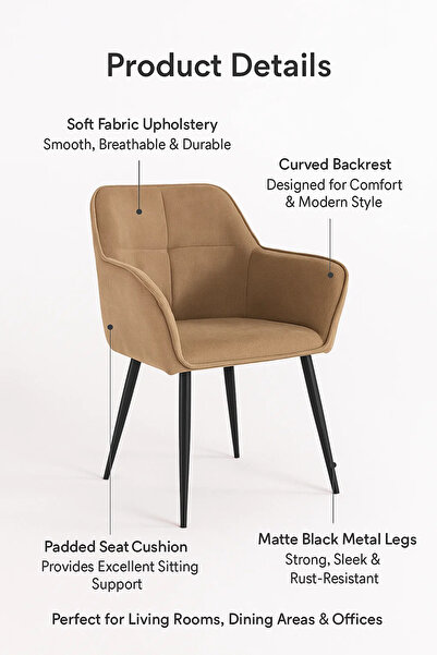 MARIA HOMES Light Coffee Fabric Armchair, Chair for Living Room, Bedroom, Office Cabin & Reception Area