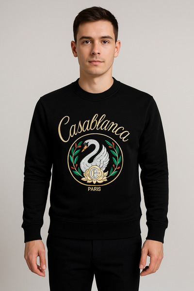 YusGos Unisex Men/Women High Quality Casablanca Embroidered Cotton Hooded Crew Neck Sweatshirt