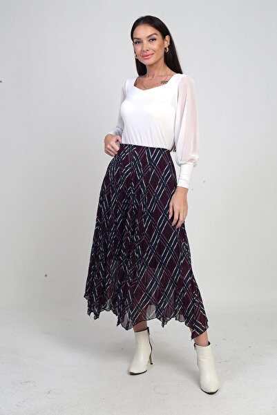 By Saygı Women's Elastic Waist Lined Plaid Crinkle Triangle Midi Skirt