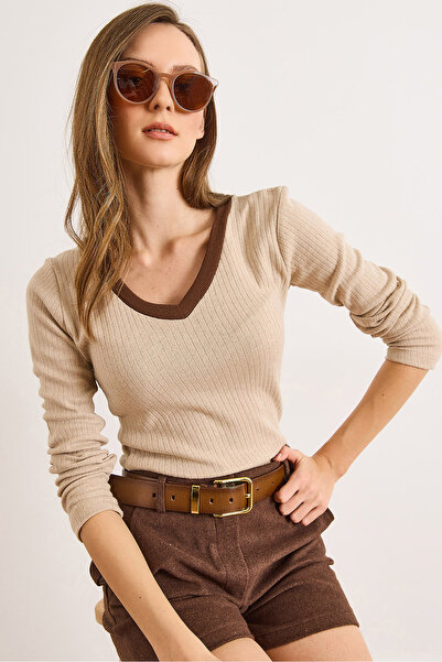 Olalook Γυναικεία μπλούζα με λεπτομέρεια σε μπεζ καφέ γιακά επένδυση fleece ελαστικό ύφασμα BLZ-19002746