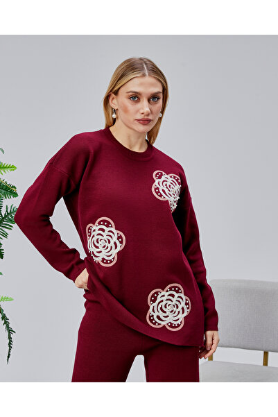 Jinx Wear Fashion Rose Lace Embroidery Pearl Detailed 2-Piece Knitwear Set