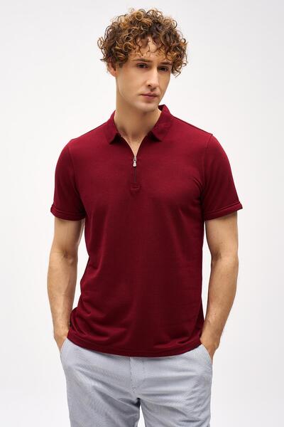 İgs Bordo Slim Fit Dar Kalıp Fermuarlı Polo Yaka Düz Kısa Kollu Tişört