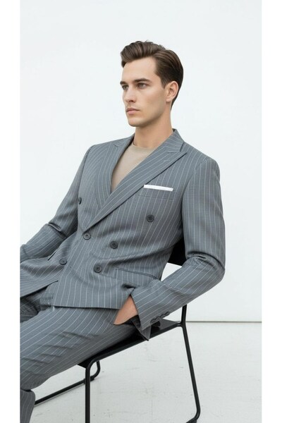 Plus Scorpion Gray Striped Men's Double-Breasted Blazer Jacket – Italian Cut, Stylish and Modern Style