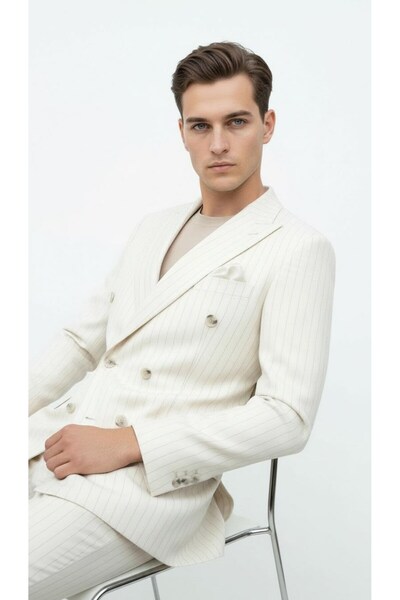 Plus Scorpion Cream Striped Men's Double-Breasted Blazer Jacket – Italian Cut, Modern and Elegant Chic