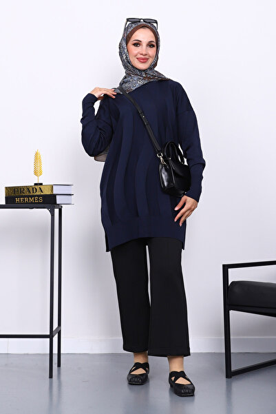 İmajButik Navy Blue Crew Neck Cold Thread Knitwear Tunic