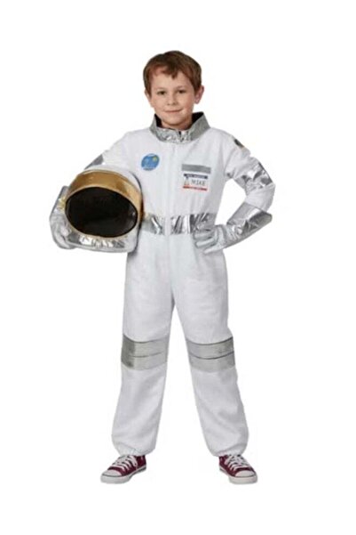 ASTRONAUT زي الأطفال - بدلة فضاء بيضاء مع خوذة قماشية وقفازات فضية