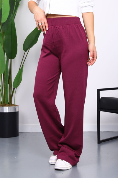 İmajButik Plum High Waist Corded Fabric Wide Leg Knitwear Trousers