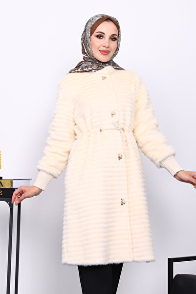 İmajButik Cream Waist Elasticated Angora Fur Coat
