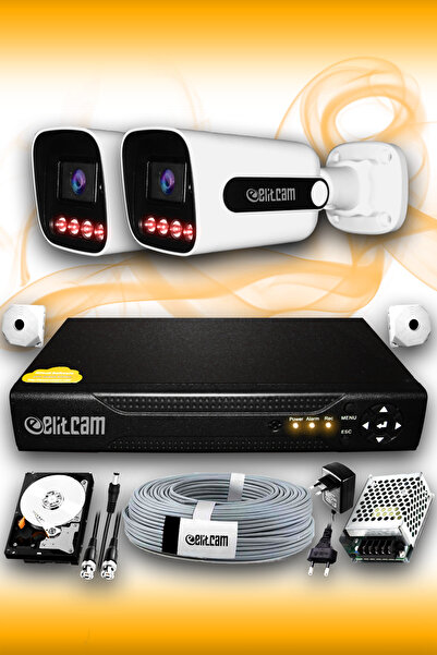 Elitcam 2 Kameralı Süper 2 Dış Kamera Set 100 GB 5 MP 2K Net Gece Görüşlü Güv...