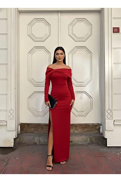 Modafeminen Flexible shiny satin neckline pleat bow detailed Slit evening dress 583363 red