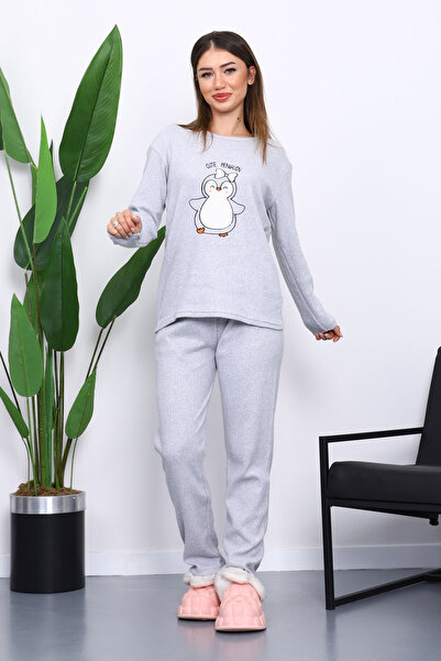 İmajButik Gray Winter Cotton Interlock Pajama Set