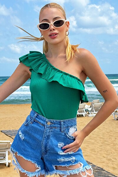 Trend Alaçatı Stili Green One Shoulder Ruffle Women's Blouse - ALC-X12461