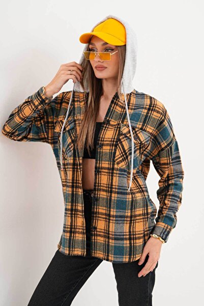 Polologin Butik Kadın Oduncu Hardal ve Mavi Renk Kapşonlu Kışlık Gömlek