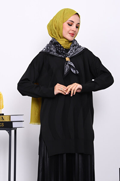 İmajButik Black Crew Neck Cold Thread Knitwear Tunic