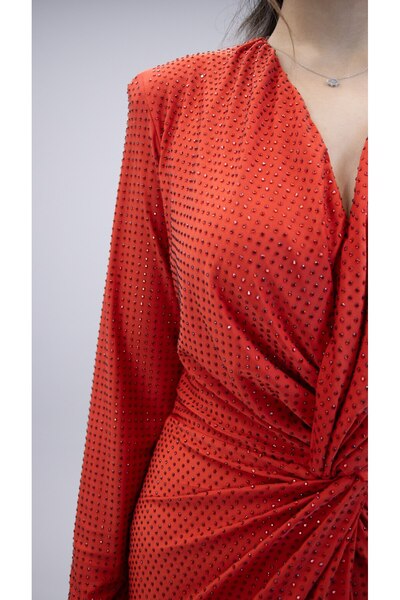 CAREZZA Starlight - Draped Stones Stretch Fabric Red Evening Dress