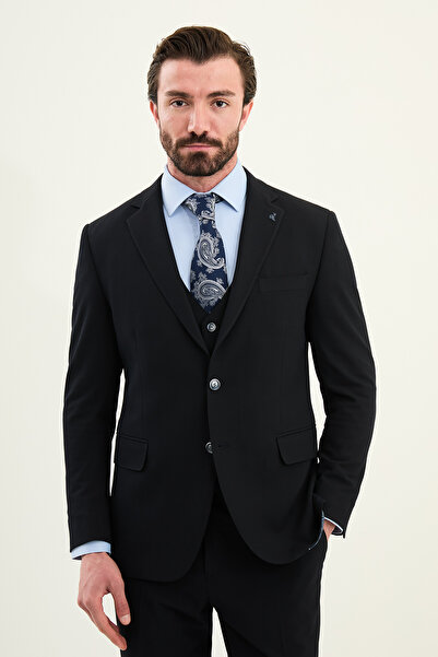 Mcr Textured Slim Fit Mono Collar Men's Suit Navy Blue - 45432.25K