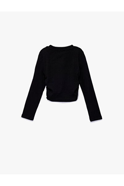 Koton Cotton Ruched Detail Long Sleeve Printed Crew Neck T-Shirt