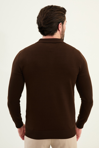 Mcr Patterned Slim Fit Polo Neck Zippered Wool Men's Knitwear Sweater Brown - 11570.25K