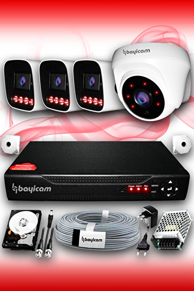 Bayicam 4 Kameralı Süper 1 İç Kamera Set 250 GB 5 MP 2K Net Gece Görüşlü Güve...