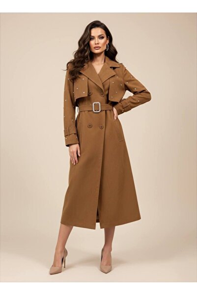 Siseniorita Women's Long Trench Coat with Decorative Stones and Statement Buckles