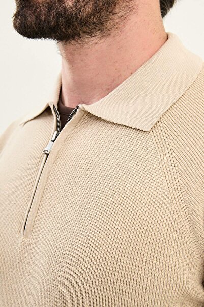 Mcr Textured Slim Fit Zippered Polo Neck Men's Knitwear Sweater Beige - 11578.25K