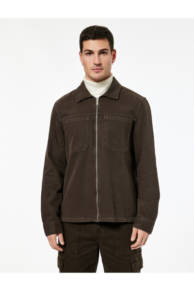 Koton Regular Fit Classic Collar Pocketed Cotton Zipper Shirt Jacket