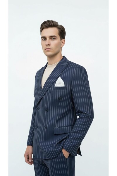 Plus Scorpion Navy Blue Striped Men's Double-Breasted Blazer Jacket – Italian Cut, Modern and Classic Elegance