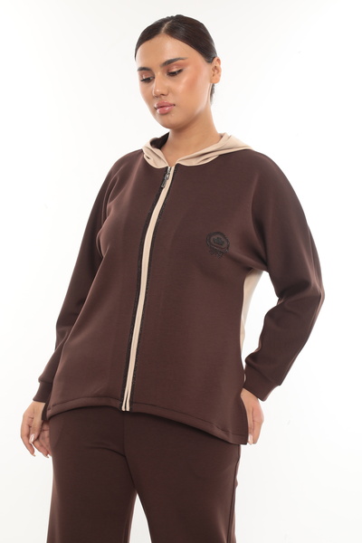 EXİTLİNE Women's Seasonal Special Accessory Zippered Slit Brown-Beige Tracksuit Set