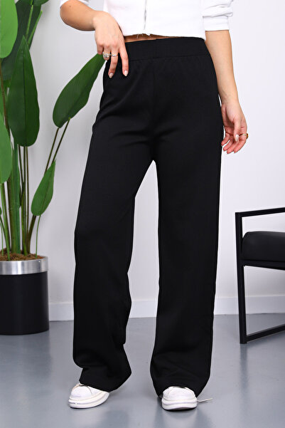 İmajButik Black High Waist Corded Fabric Wide Leg Knitwear Trousers